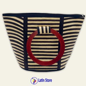 Cartera de Caña Flecha con Asas de Madera Pulida – Beige y Negro