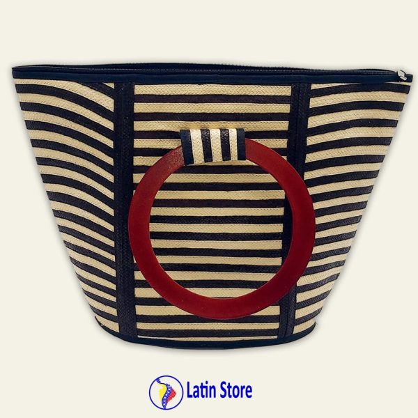 Cartera de Caña Flecha con Asas de Madera Pulida – Beige y Negro