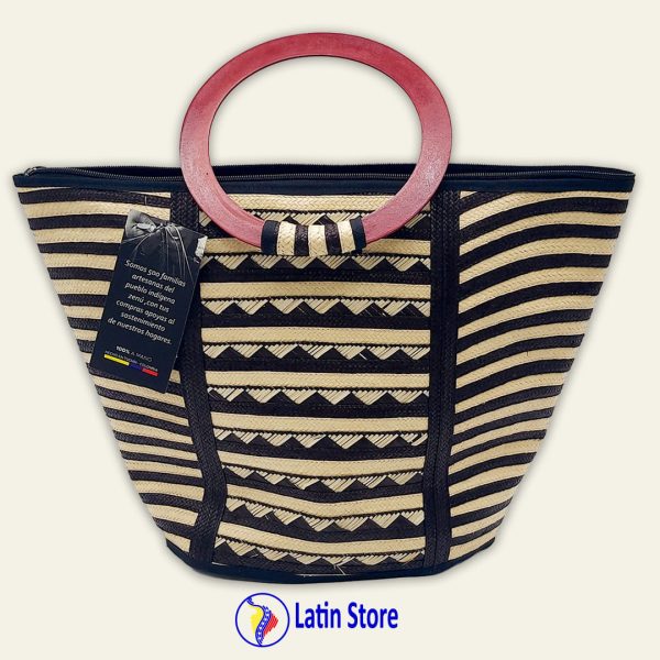 Cartera de Caña Flecha con Asas de Madera Pulida – Beige y Negro